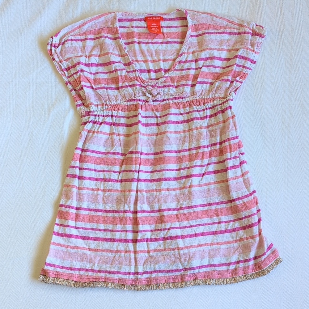 joe fresh girls pink striped beach swim coverup with metallic fringe size XS 4/5